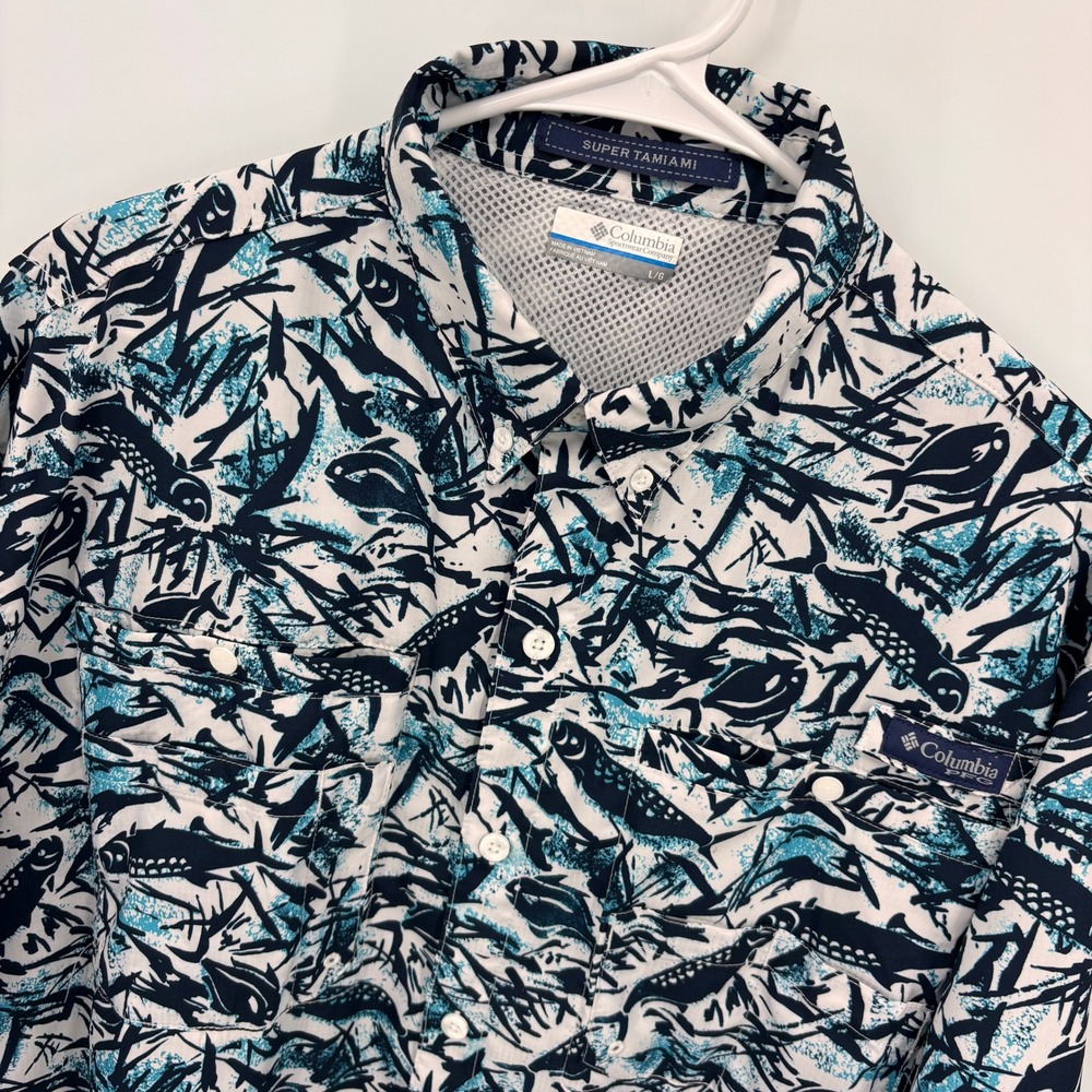 Columbia PFG Super Tamiami Shirt Mens Large White Fish Print Excellent FM7189